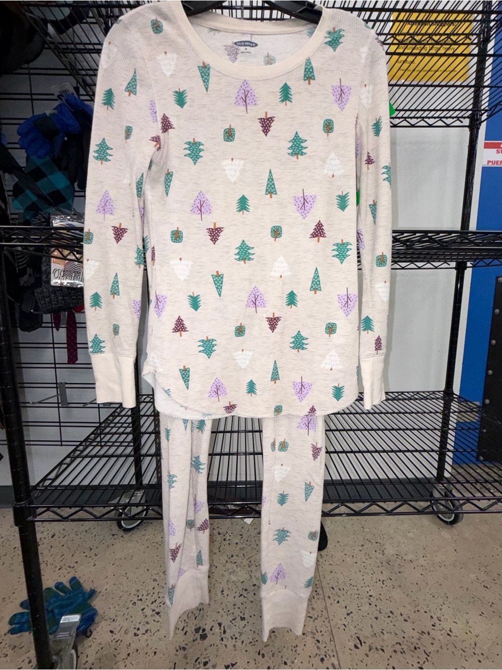 Old Navy Beige Thermal Pajama Set with Green and Purple Tree Print